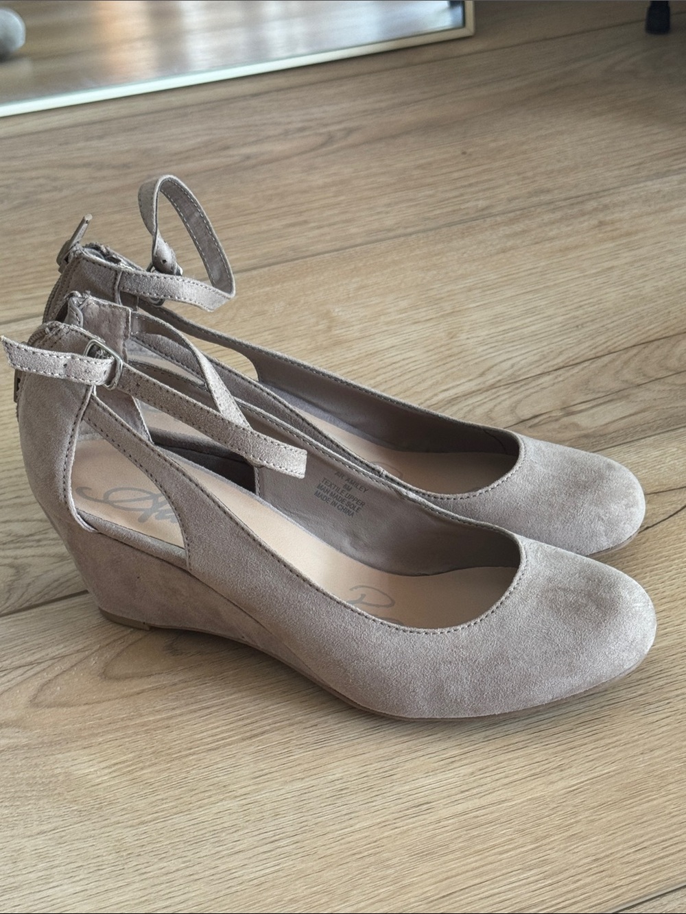 American Rag Taupe Suede Ankle-Strap Wedge Heels